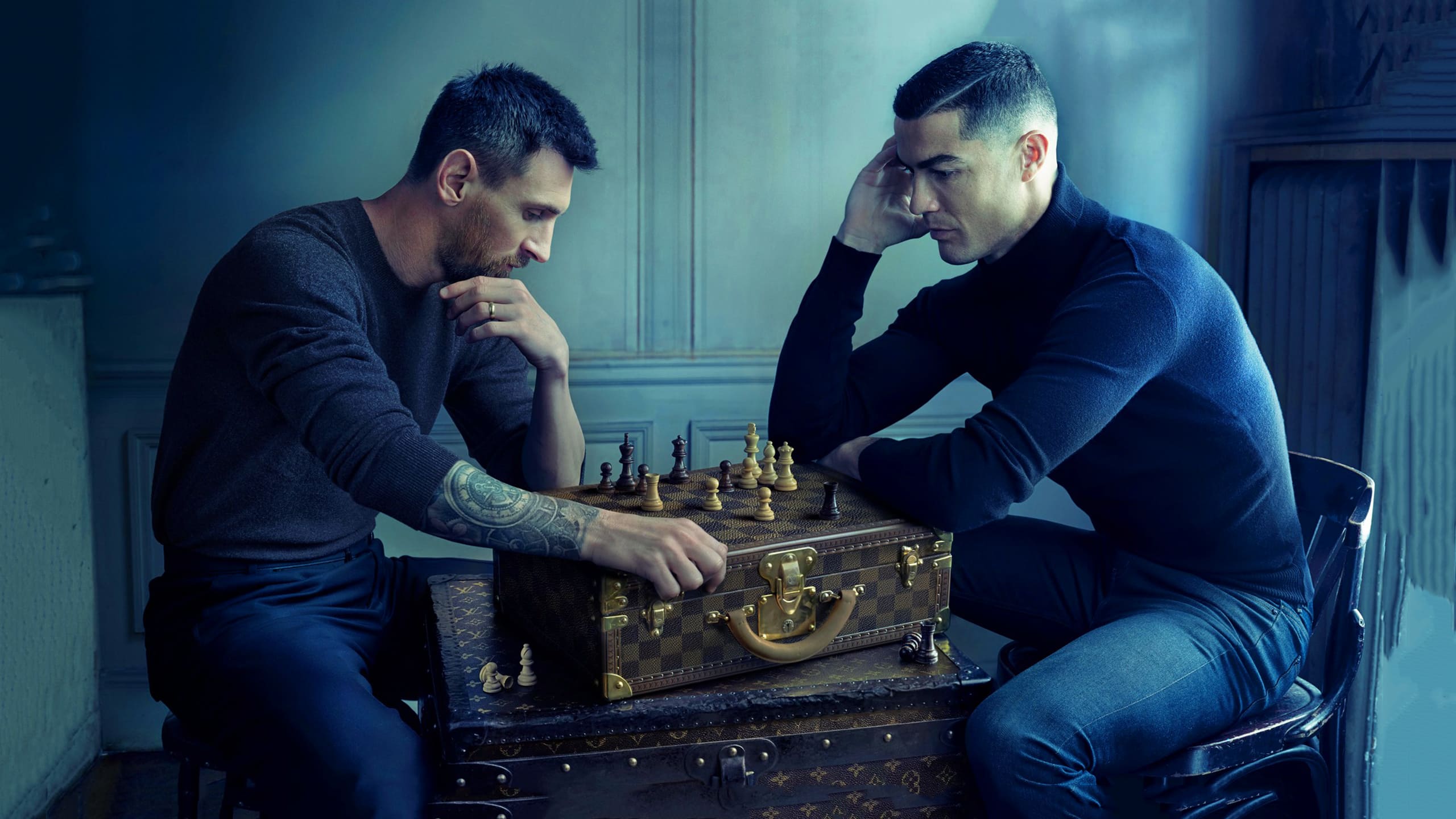 Messi With Ronaldo Playing Chess, messi, ronaldo, chess, sports,  footballer, HD phone wallpaper